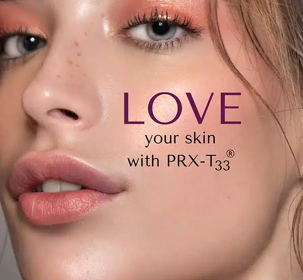 A woman with pink lipstick and text that says " love your skin with prx-t 3 3 ".