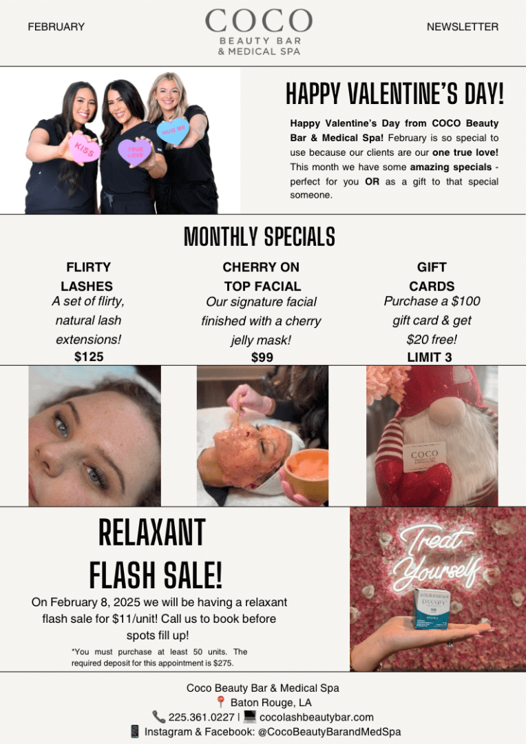 Valentine's spa specials and services flyer.